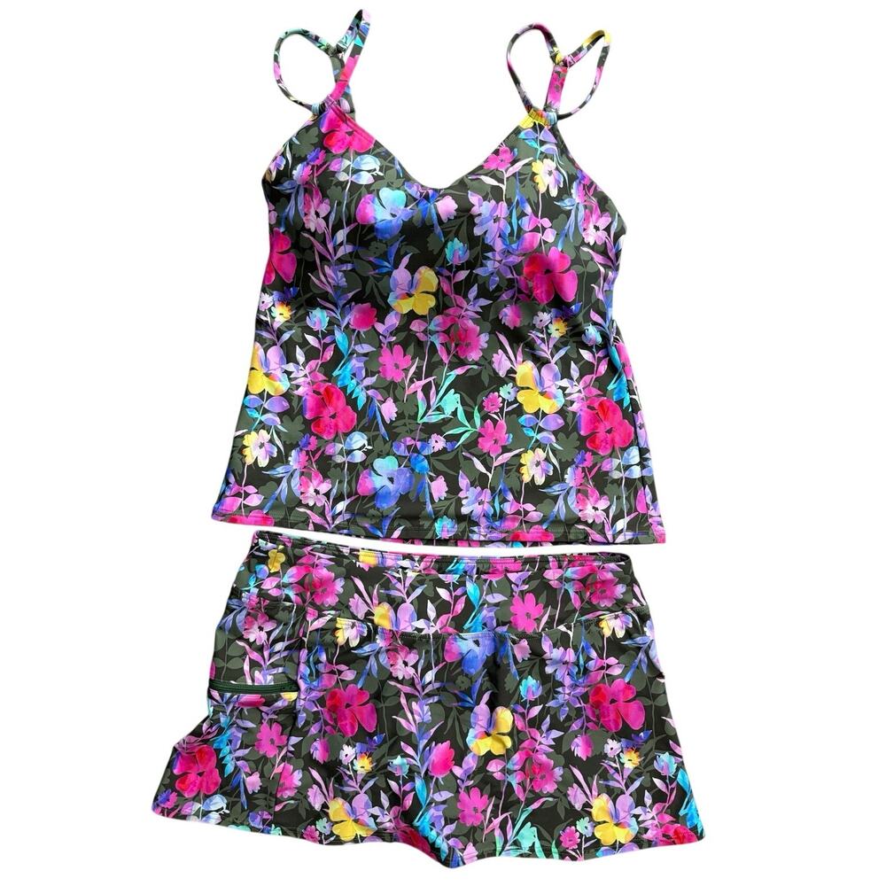 NWT Sunsets Tankini Set 34DD Supportive Floral Swim Top + Skirt L Pansy Fields